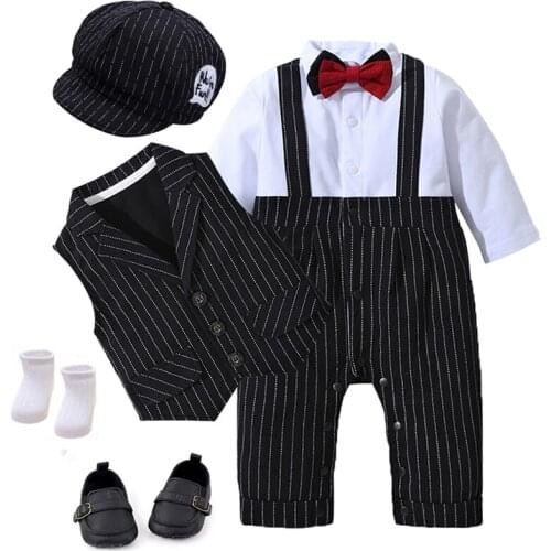Formal Clothes Suit for Newborn Boys Dress Black Hat + Vest + Romper + Shoes + Socks 6 Pieces Outfit Cotton Children Birthday