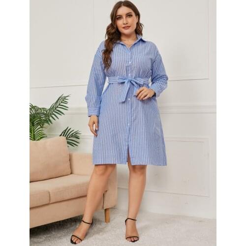 Striped buttoned long sleeve shirt dress light blue knee length dresses plus size autumn clothes for woman ropa plus size mujer