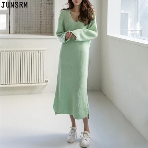 Plus Size WomenS Korean Style Sweater Dress 2020 New Autumn One-Piece Pullover Knitted Sweater Dress Female Loose Midi Dresses