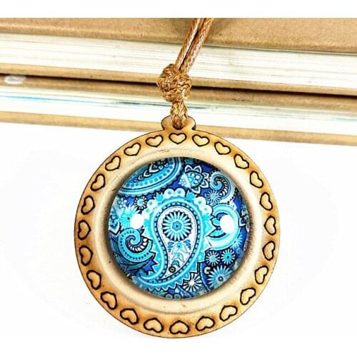 1pcs Bandanna Paisley Necklace Mandala Flower Vintage pandent Wood Tray base Buddhist cultural for men women party gift