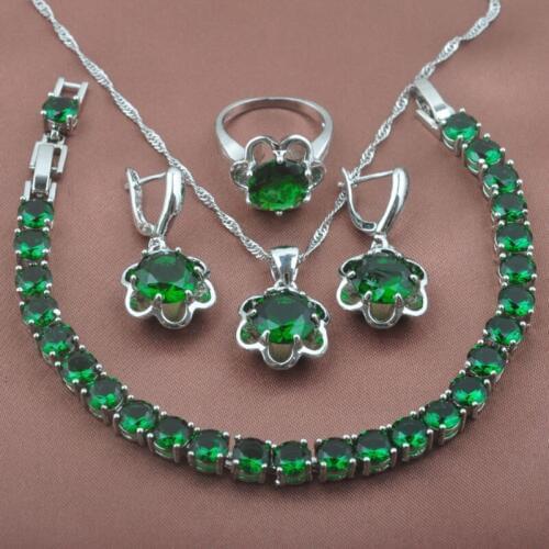 Green Zirconia Womens Party Jewelry Silver Color Crystal Jewelry Sets Bracelet Necklace Pendant Earrings Ring YZ0131