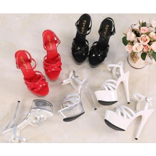 Women Shoes High Quality Female Model T Station Catwalk Sexy Crystal Transparent Platform Shoes High Heels 15CM Wedding Shoes