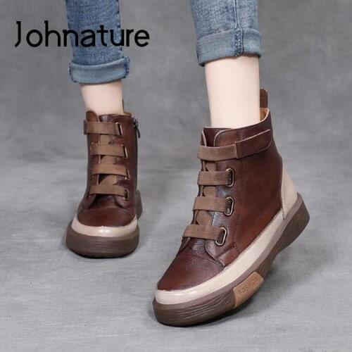 Johnature Genuine Leather Ankle Shoes Women Boots 2021 New Round Toe Zip Winter Sewing Leisure Handmade Casual Platform Boots