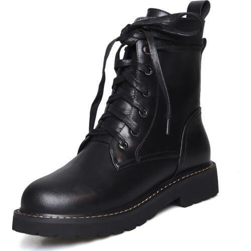 ZJVI Women Genuine Leather Platform Black Autumn Winter Cross Tied Low Heels Ankle Boots Woman Ladies Shoes 2020 For Girls