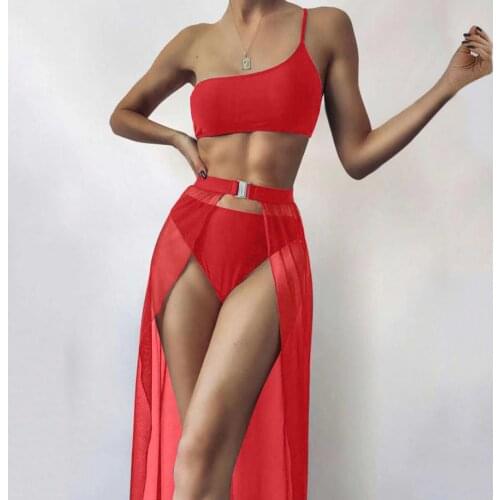 Women Three Piece Red Swimsuit Set Sexy One Shoulder Bikini 2021 Ladies Summer Beach Mesh Swimdress Beachwear Swimwear F50