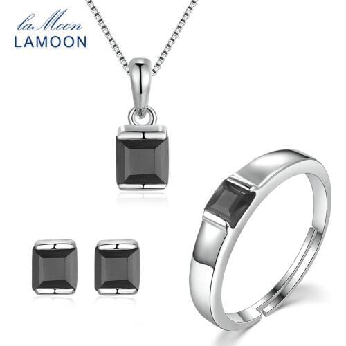 LAMOON 4mm 0.6x2 ct Natural Black Chalcedony 925 Sterling Silver Simple Jewelry Set S925 For Women V008-B-2
