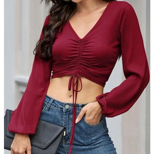 Blouse Sexy Lace Up Knitting Pullover Top Fashion Autumn Sweater Women Chic V-neck Knit Tanks Slim Jumper Pull Femme Streetwear