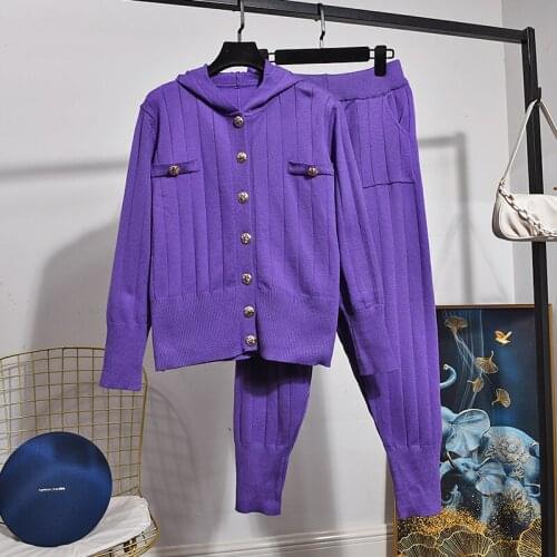 Spring Autumn Hooded knitted Sweater Women Casual Tracksuits Single Breasted Long sleeve Tops + Harem Pants Two Pieces Set H967