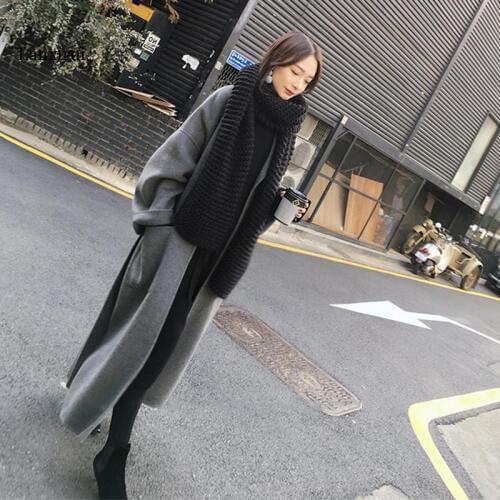 Womens Claassic Wool Cashmere Blend Loose Casual Overcoat Lapel Belted Long Coat Jackets Warm Outwear