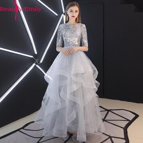 Beauty Emily Large Real Sequined Half Sleeve Evening Dress 2020 Fashion Tiered Hems Lace Up Back Gray Party Dress Robe De Soiree