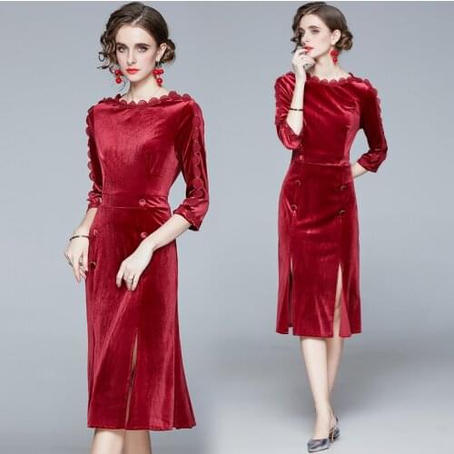 Spring and Autumn New Womens Three-Quarter Sleeves Slim Package Hip Velvet Temperament Slit Long-Sleeve Mermaid Dress
