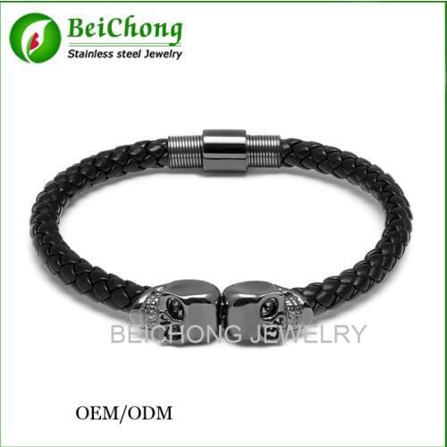 10pcs BC Mixed Wholesale GUN Black Twin North Skull Bracelet Genuine Leather Bracelet Stainless Steel Northskull