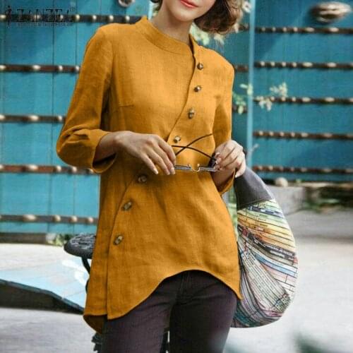 2021 Fashion Irregular Button Tunic ZANZEA Retro Solid Long Sleeve Blusa Lady Cotton Linen Short Sleeve Shirts Women Autumn Tops