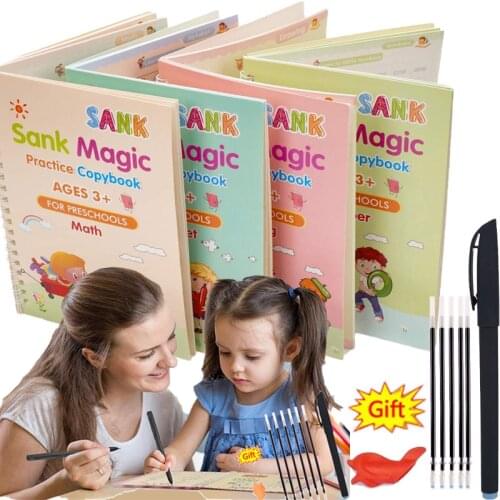 4 Books/Sets of Magic Exercise Book, Reusable Children’s Toys To Write English Numbers and Letters Montessori 3D Calligraphy
