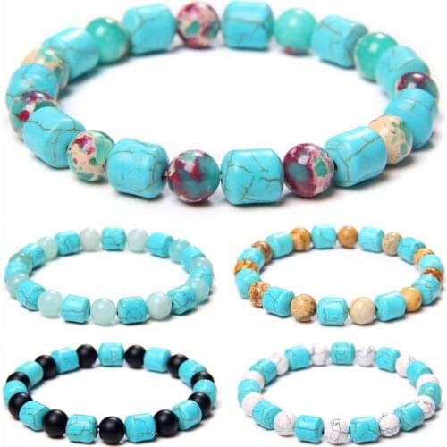Natural Stone Charm Bracelet Blue Turquoises Beads Buddha Prayer Strand Bracelets Bangles for Women Men Fashion Yoga Jewelry