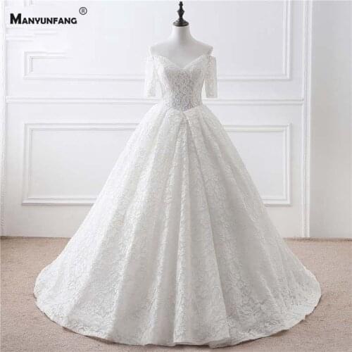 Custom Made V-Neck Court Train Bridal Ball Bown Elegant Half Sleeve Off the Shoulder Embroidery Appliques Tulle Wedding Dress