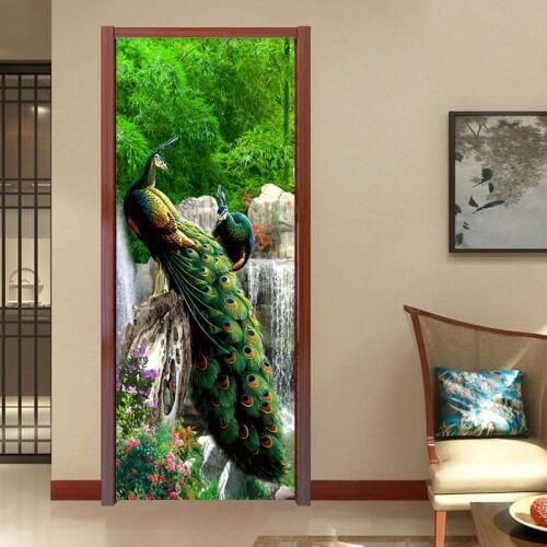 Chinese Style 3D Green Forest Peacock Landscape Door Sticker Living Room Home Decor Wallpaper 3D Door Mural PVC Waterproof Decor