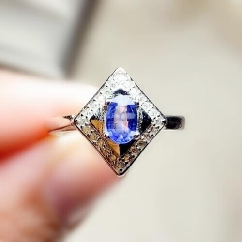 Per jewelry Natural real sapphire rhombus style ring Free shipping 4*6mm 0.6ct gemstone 925 sterling silver Fine jewelry T204153