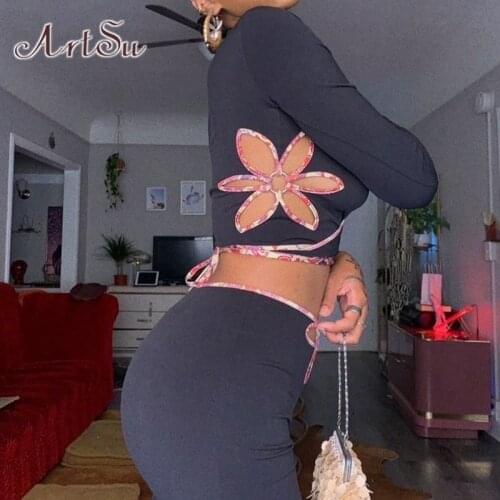 ArtSu Women Floral Hollow Out 2 Pieces Sets Deep V Neck Crop Top And Pants Set Sexy Black Fitness Workout Outfits Ladies SU52101