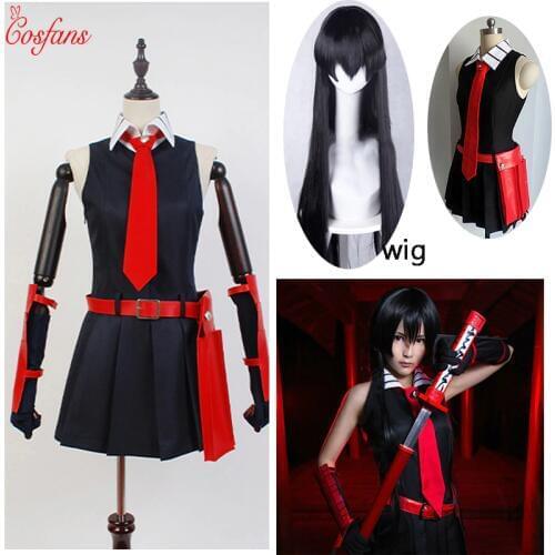 8PCS Akame ga KILL Akame Cosplay Black Sleeveless Dress Uniform Outfit Anime Cosplay Costumes and wig glove sock Christmas Party