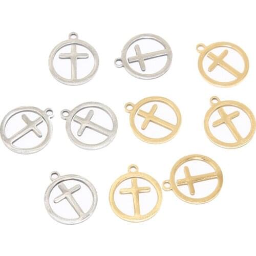 10pcs Stainless Steel 15*17mm Round Hollow Cross Charm Pendants Accessories For DIY Jewelry Necklaces Bracelets Making Findings