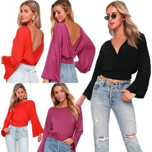 Fashion Women Shirt 2019 Autumn Bell Sleeve Deep V Neck Tops Solid Sexy Backless Casual Loose Blouse chemise femme