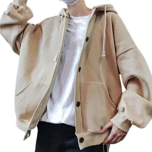 Men Hooded Coat Drawstring Single Breasted Solid Color Warm Elastic Cuff Autumn Winter Men Casual Jacket