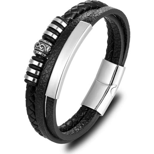 New Fashion Men Titanium Stainless Steel Magnet Buckle Braided Genuine Leather Bracelet