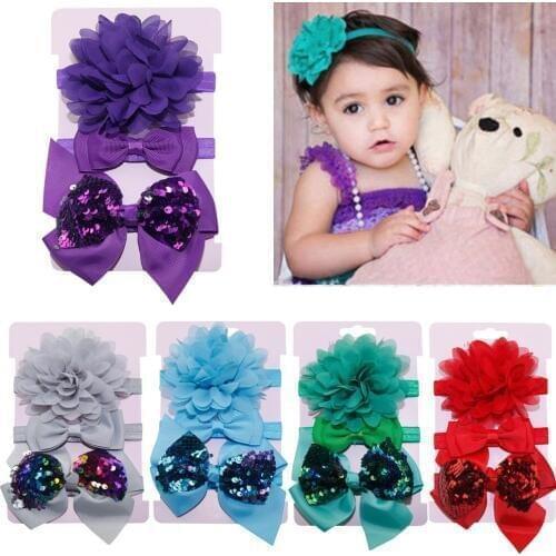 Nishine 3pcs/lot Kids Elastic Floral Headband Sequins Bows Girls Baby Bowknot Hairband Set Hair Bands for Girls Hair Accessories