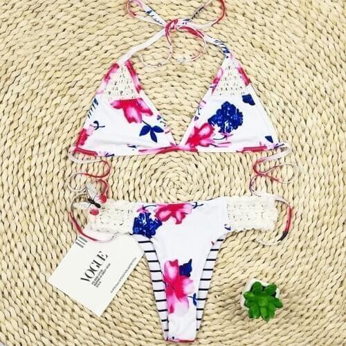 2021 New European And American Sexy Open Back Tight Small Fresh Printed Bikini Double-Sided Knitted Swimsuit Bikini