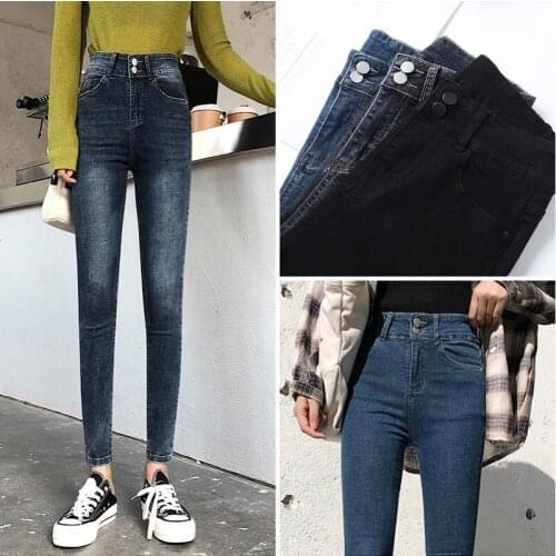 2021 new jeans women high waist double-breasted pencil pants high elastic slim feet pants black female washed denim skinny W880