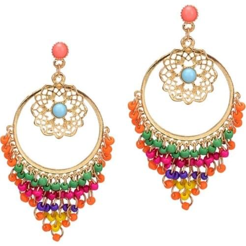 New Ethnic Indian Exaggerated Gold ColorResin Beaded Statement Long Dangle Earrings for Women Boho Party Jewelry Gift