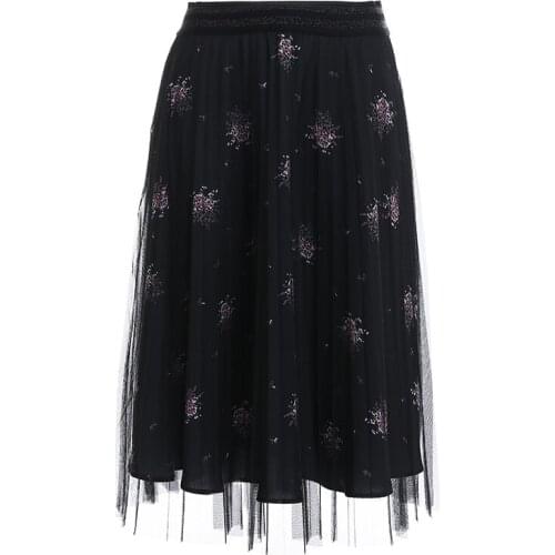 Govani Autumn New Printed Mesh Elastic Waist Pleated Midi Skirt