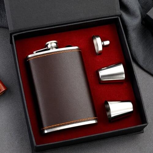 Portable 304 Stainless Steel Hip Flask Outdoor Whiskey Pot Leather Covered Leak Proof Flagon 6oz 9oz Gift Sets For Father Lover