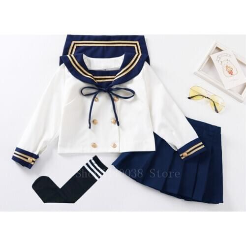 Japanese Style Children Student School Uniform Sailor Navy Cosplay JK Suit Pleated Skirt Girls Long Sleeve Lovely Class Wear