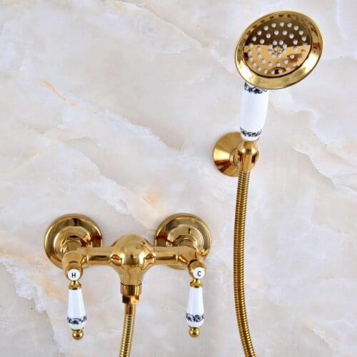 Modern Polished Gold Color Brass Wall Mount Bathtub Faucet with Handheld Shower Set +1.5M Hose Mixer Tap 2na982