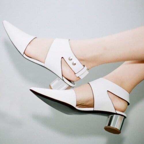 Block Heel Ankle Buckle Pumps Sexy Pointed Toe White Matte Leather Cut Out Women Elegant Shoes Medium Heel Dress Pumps