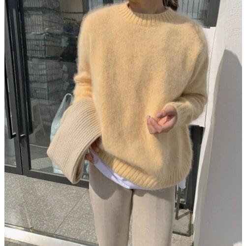 WTIANYUW New Korean Women Yellow Mink Cashmere Sweater Tops Fashion Autumn Winter Long Sleeve Knitted Soft Loose Pullovers Chic