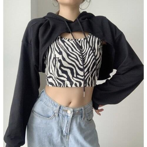 Women 2Pcs Long Sleeve Drawstring Cropped Hoodies with Zebra Stripes Tank Top 649C