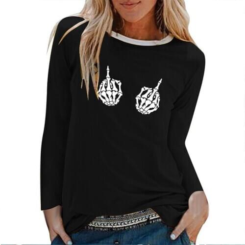 Hands Skeleton Gesture Print Long Sleeve T-shirts Women Autumn Winter Graphic Tees Gothic Shirts for Women Loose Mujer Camisetas