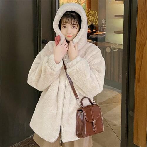 Winter New Korean Imitation Rabbit Plush Fur Coat Women Fashion Thick Warm Hooded Short Outerwear lambswool Jacket Female G1414