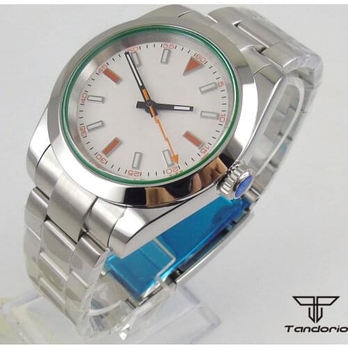 36mm tandorio MIYOTA 8215 Movement Mens Watch White Dial Sapphire glass Date Steel Bracelet
