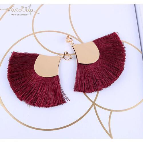 Bohemia Ethnic Alloy Big Fan Tassel Clip on Earrings Fringe Earrings Without Piercing Ear Clips For Women Vintage Jewelry