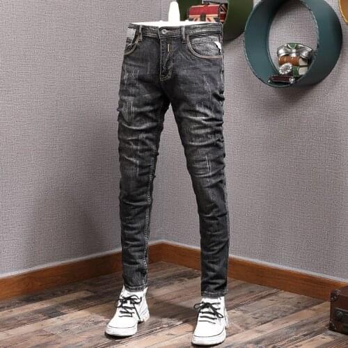 European Vintage Fashion Men Jeans Retro Black Gray Elastic Slim Fit Ripped Jeans Men Distressed Designer Casual Denim Pants