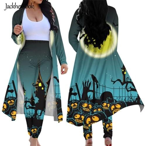 Jackherelook Plus Size Open Front Cardigans Bodycon Long Pants Set Halloween Pumpkin Moon Bat Demon Print Women 2 Piece Outfits
