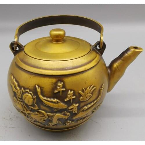 China brass archaize auspicious fish teapot crafts statue