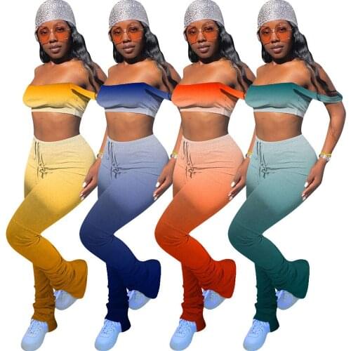 Sexy Gradient Two Piece Set Women Festival Clothing Sets Crop Top Stacked Leggings Pants Club Birthday Outfits Matching Sets
