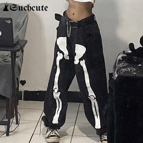SUCHCUTE Womens Baggy Jeans Gothic Printed Black Harem Pants Harajuku Streetwear Hight Waist Casual Female Denim Trousers 2021