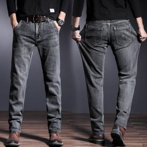2021 Mens Gray Black Stretch Casual Jeans Spring New Business Straight Denim Pants Plus Size 44 46 Male Fashion Brand Clothing