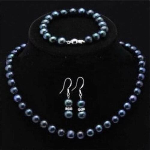 Natural 7-8mm Black Freshwater Pearl Necklace Bracelet Earrings Set 18" & 7.5"